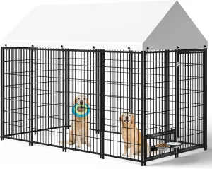 Large Dog Kennel Outside - 7.9 x 4.1 x 5.9 ft Dog Outdoor Kennel with Roof, Outside Dog kennels with Rotating Feeding Bowls, Big Dog Kennel for Dogs