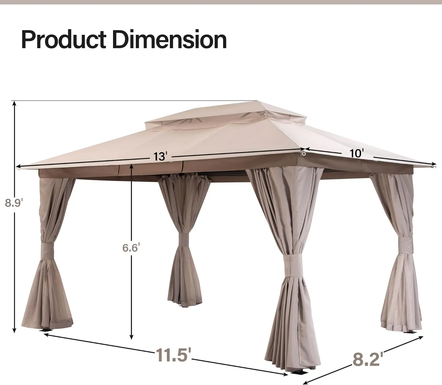 LAUSAINT HOME Outdoor Patio Gazebo 10'x13' with Expansion Bolts, Heavy Duty Gazebos Party Tent Shelter with Double Roofs, Mosquito Nets and Privacy Screens for Backyard, Garden, Lawn, Khaki