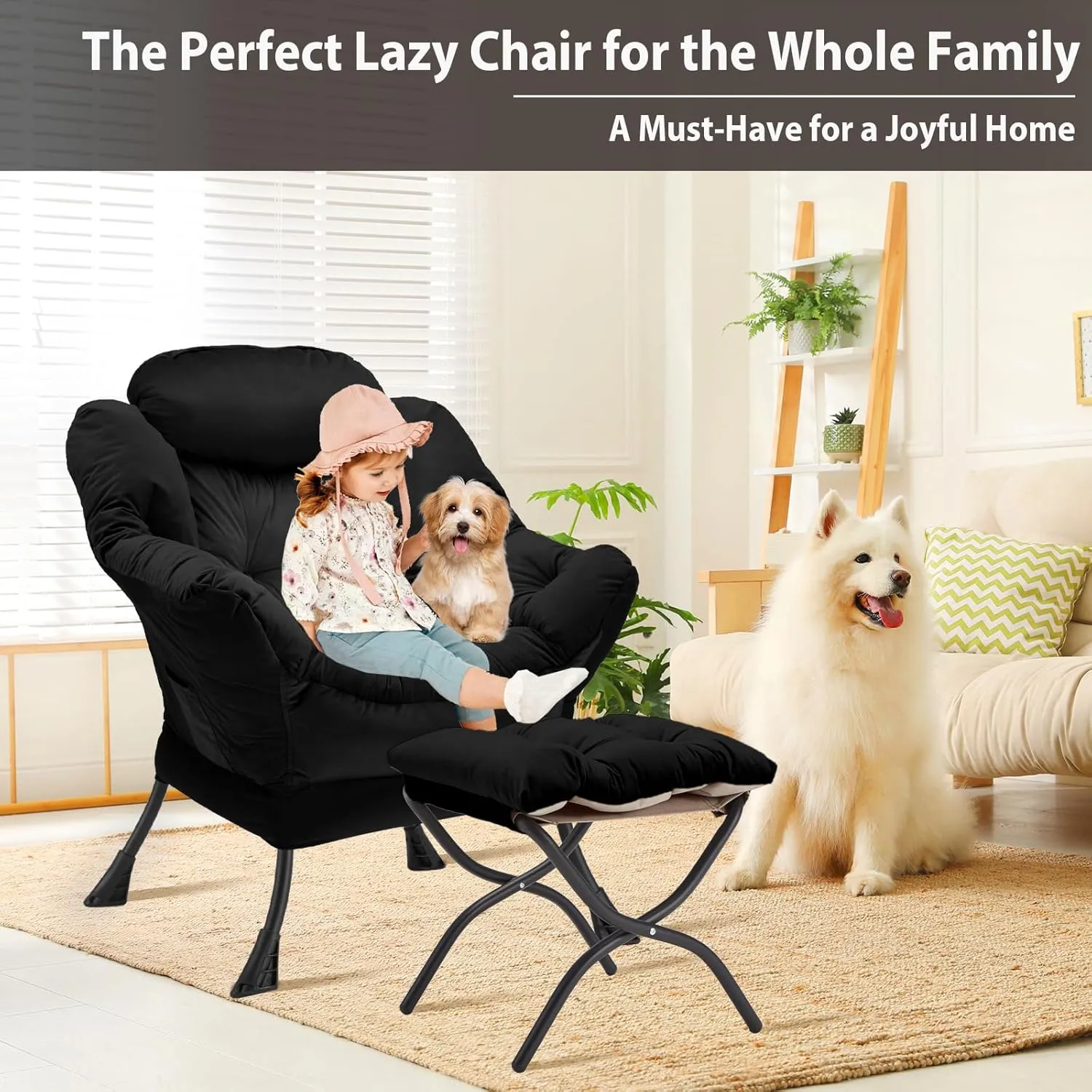 Lazy Chair with Folding Ottoman, Accent Chair Velvet Upholstered with Metal Structure and Non-Slip Pads, Sofa Armchair with Footrest and Side Storage Bag for Dorm, Room, Office, Black