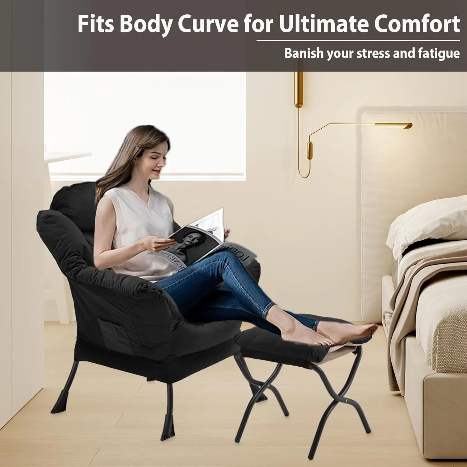 Lazy Chair with Folding Ottoman, Accent Chair Velvet Upholstered with Metal Structure and Non-Slip Pads, Sofa Armchair with Footrest and Side Storage Bag for Dorm, Room, Office, Black