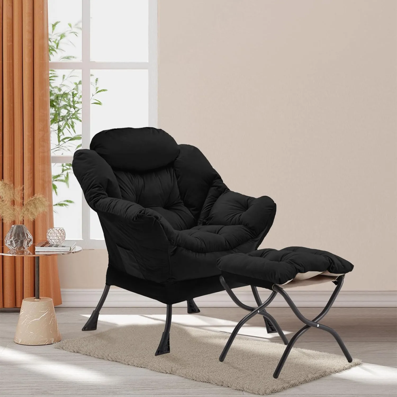 Lazy Chair with Folding Ottoman, Accent Chair Velvet Upholstered with Metal Structure and Non-Slip Pads, Sofa Armchair with Footrest and Side Storage Bag for Dorm, Room, Office, Black