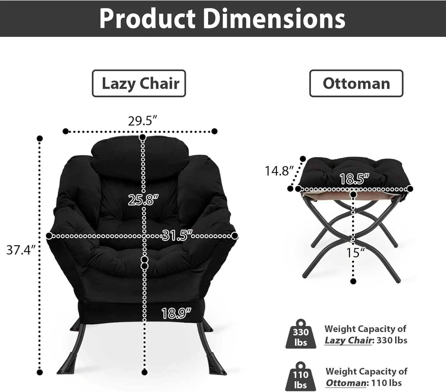 Lazy Chair with Folding Ottoman, Accent Chair Velvet Upholstered with Metal Structure and Non-Slip Pads, Sofa Armchair with Footrest and Side Storage Bag for Dorm, Room, Office, Black