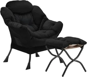 Lazy Chair with Folding Ottoman, Accent Chair Velvet Upholstered with Metal Structure and Non-Slip Pads, Sofa Armchair with Footrest and Side Storage Bag for Dorm, Room, Office, Black
