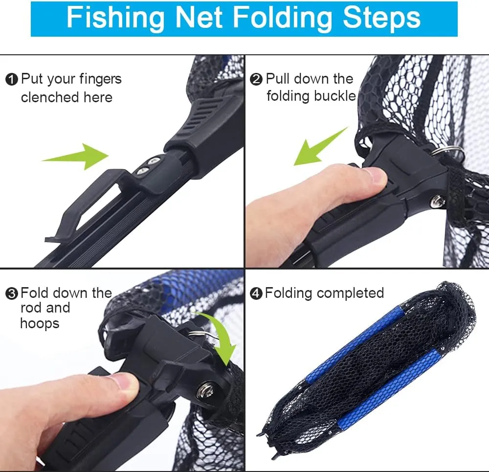 LBW Collapsible Rubber Fishing Net with Handle, Folding Kayak Net for Freshwater or Saltwater, Portable Landing Net for Trout, Catfish, Bass