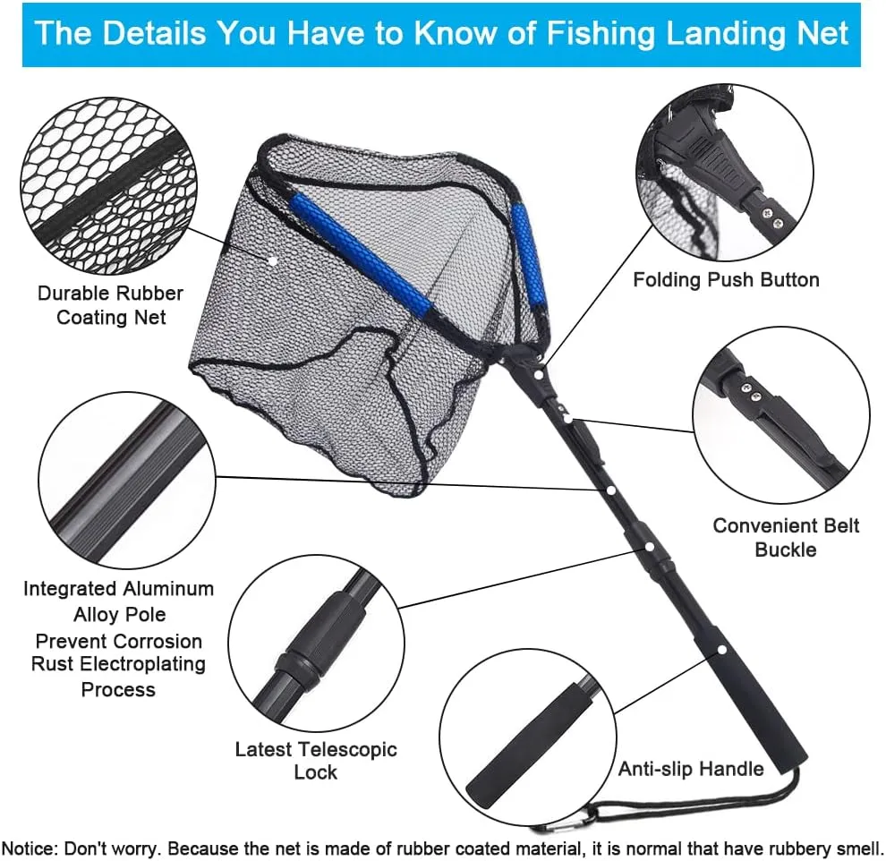 LBW Collapsible Rubber Fishing Net with Handle, Folding Kayak Net for Freshwater or Saltwater, Portable Landing Net for Trout, Catfish, Bass