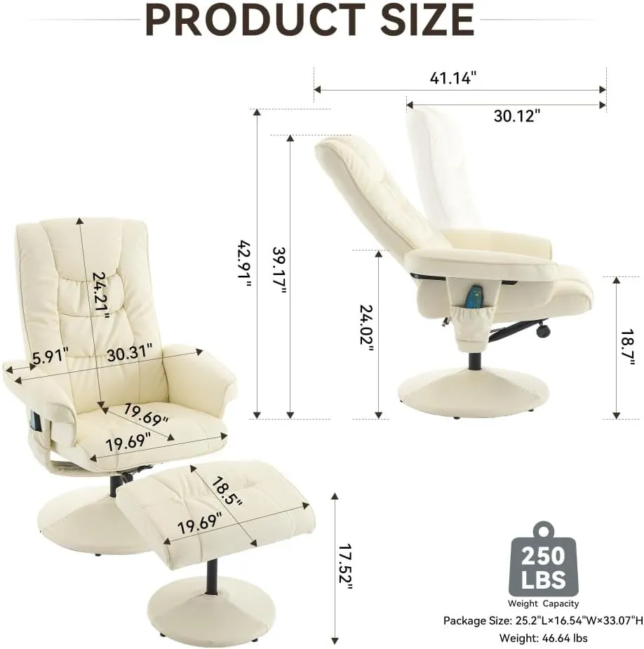 Leather Massage Reclining Chair with Ottoman, 360° Swivel Stressless Recliner with 5 Point Vibration Massage, Seat Heating and 140° Adjustable Backrest for Home or Office, Beige