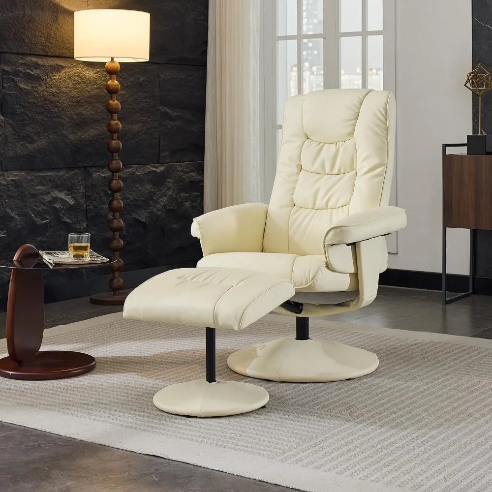 Leather Massage Reclining Chair with Ottoman, 360° Swivel Stressless Recliner with 5 Point Vibration Massage, Seat Heating and 140° Adjustable Backrest for Home or Office, Beige