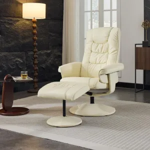 Leather Massage Reclining Chair with Ottoman, 360° Swivel Stressless Recliner with 5 Point Vibration Massage, Seat Heating and 140° Adjustable Backrest for Home or Office, Beige