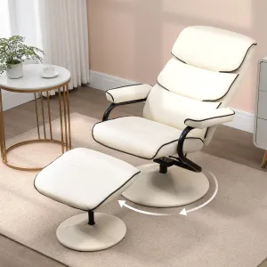 Leather Swivel Recliners and Ottoman - Swivel Stressless Recliner with Ottoman & Black Stitching, PU Leather Reclining Chair with 360° Rotate & Pillow Top Arms, Cream Manual Recliner for Living Room