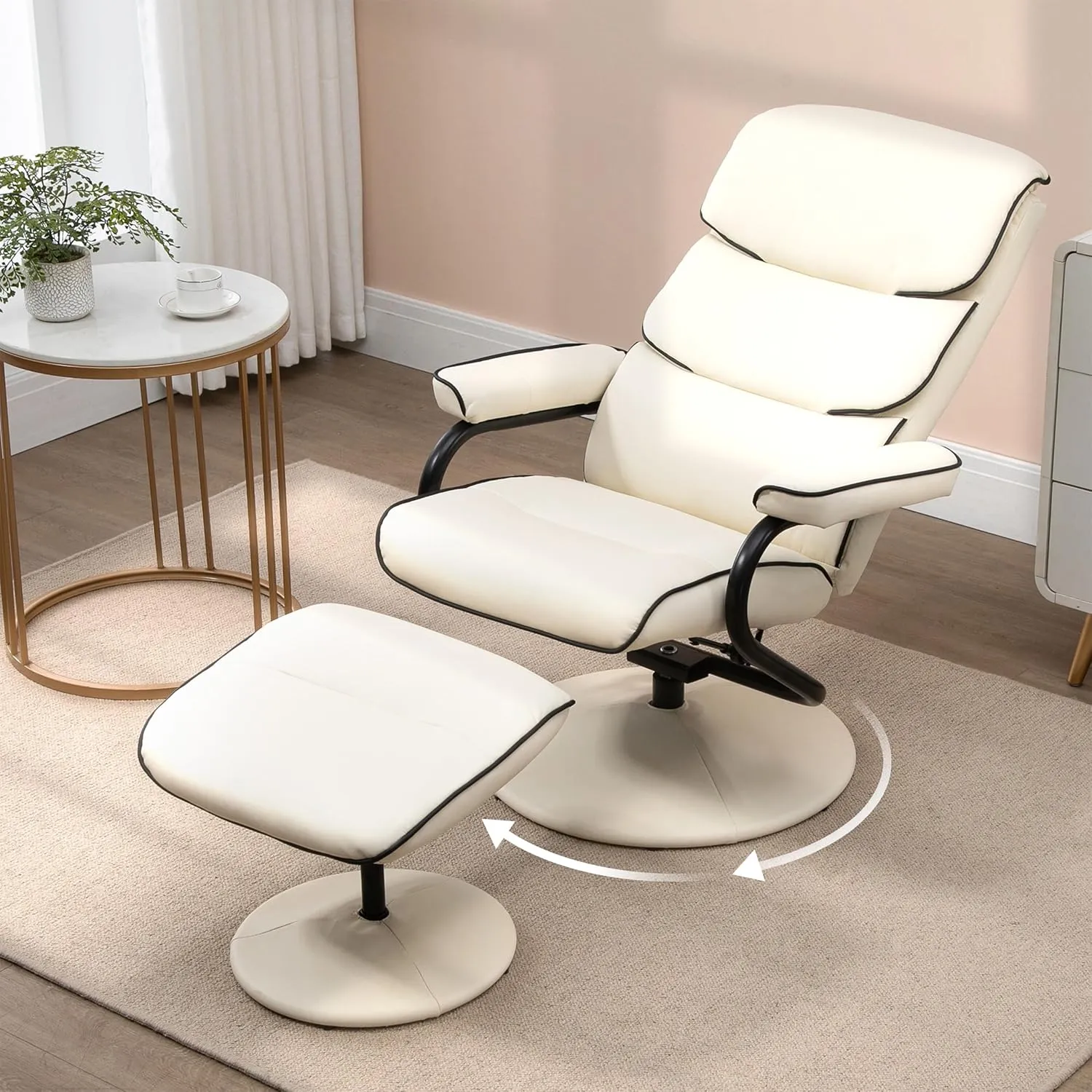 Leather Swivel Recliners and Ottoman - Swivel Stressless Recliner with Ottoman & Black Stitching, PU Leather Reclining Chair with 360° Rotate & Pillow Top Arms, Cream Manual Recliner for Living Room