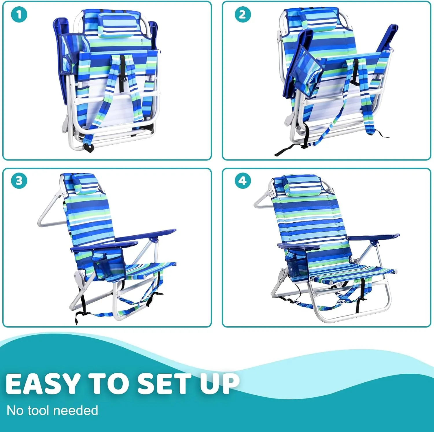 LEMBERI Backpack Beach Chairs for Adults,1/2 Pack Folding Heavy Duty Camping Chair with Large Pockets and Cup Holder,Adjustable high Beach Lounge Chair with Towel Rack for Outdoor (2, Deep Blue)