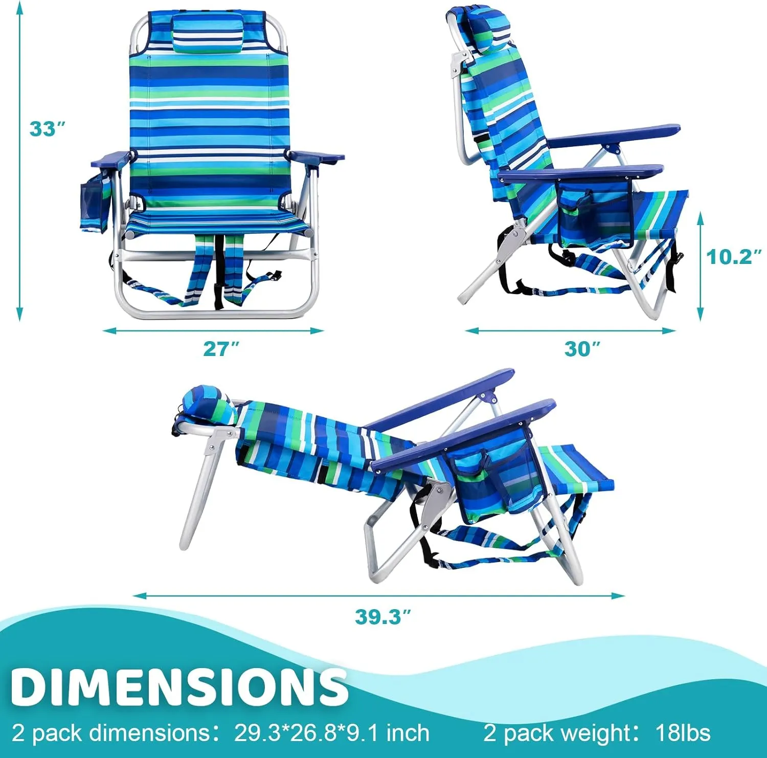 LEMBERI Backpack Beach Chairs for Adults,1/2 Pack Folding Heavy Duty Camping Chair with Large Pockets and Cup Holder,Adjustable high Beach Lounge Chair with Towel Rack for Outdoor (2, Deep Blue)