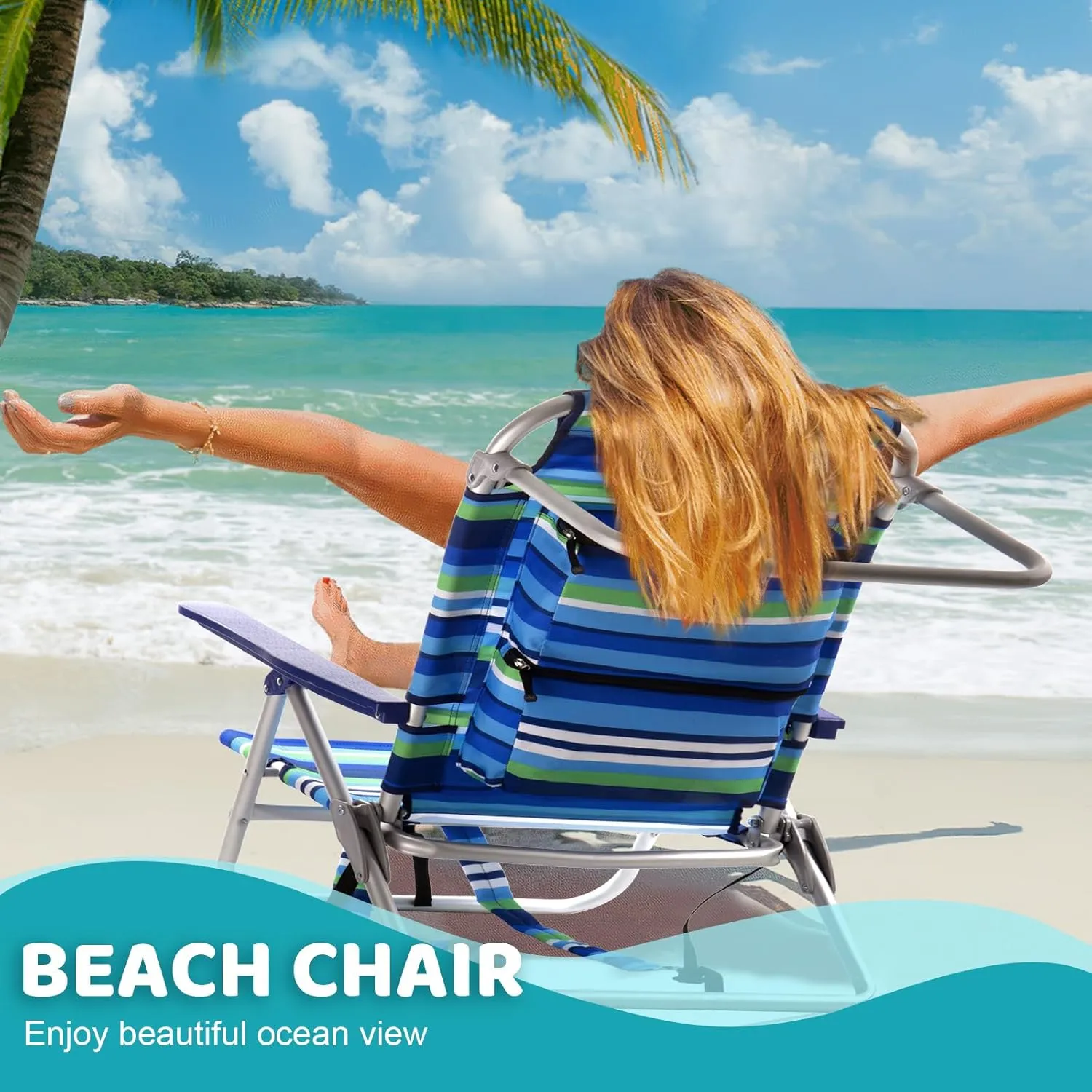 LEMBERI Backpack Beach Chairs for Adults,1/2 Pack Folding Heavy Duty Camping Chair with Large Pockets and Cup Holder,Adjustable high Beach Lounge Chair with Towel Rack for Outdoor (2, Deep Blue)