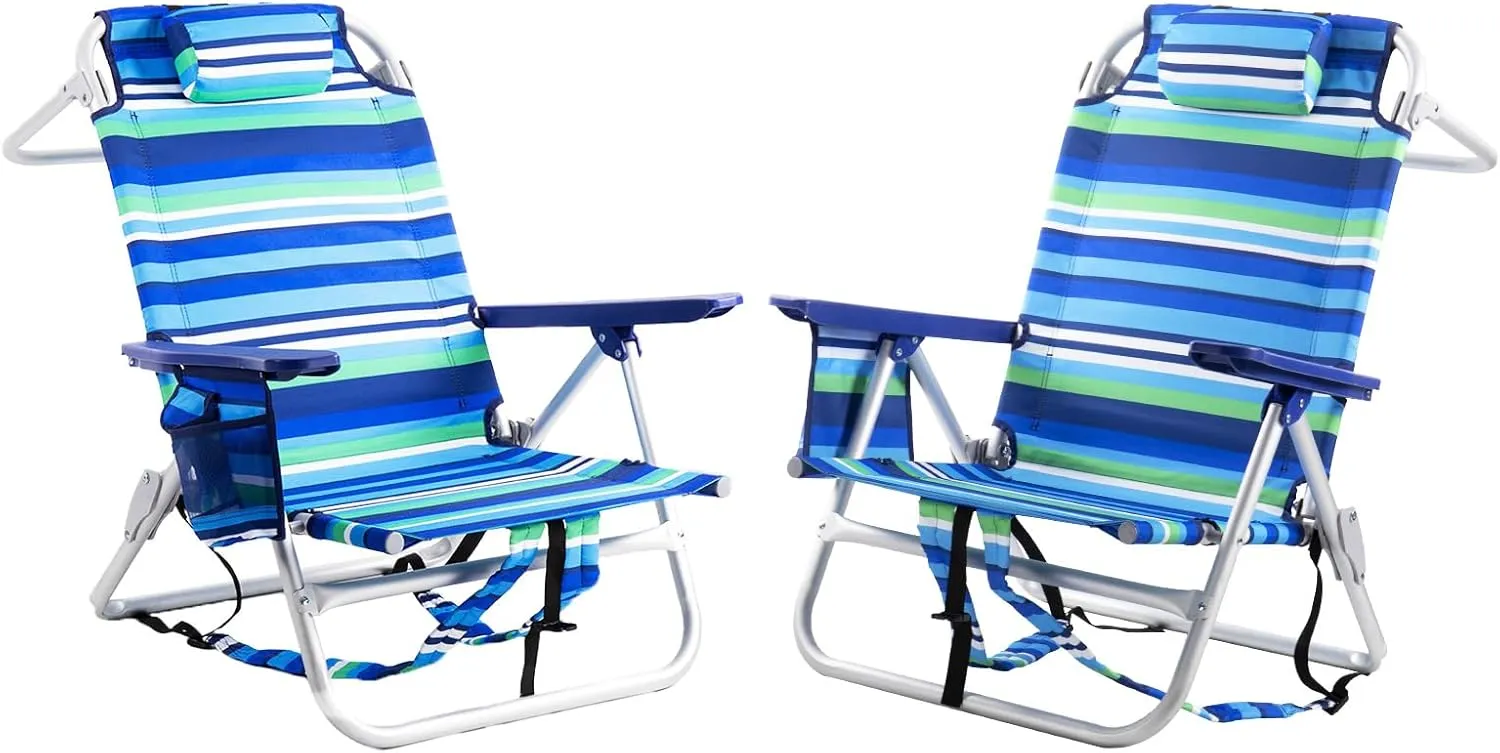 LEMBERI Backpack Beach Chairs for Adults,1/2 Pack Folding Heavy Duty Camping Chair with Large Pockets and Cup Holder,Adjustable high Beach Lounge Chair with Towel Rack for Outdoor (2, Deep Blue)