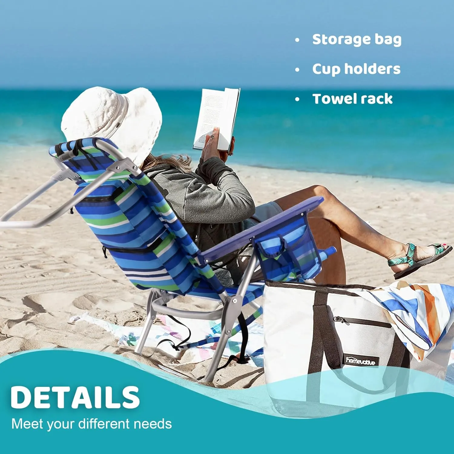 LEMBERI Backpack Beach Chairs for Adults,1/2 Pack Folding Heavy Duty Camping Chair with Large Pockets and Cup Holder,Adjustable high Beach Lounge Chair with Towel Rack for Outdoor (2, Deep Blue)