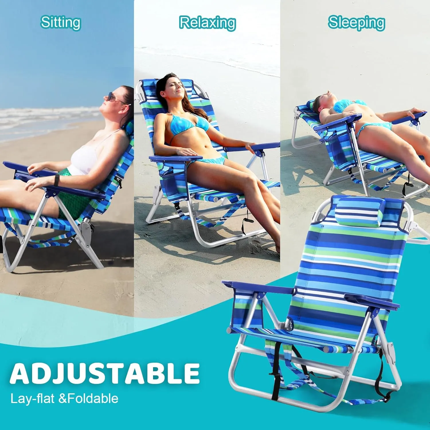 LEMBERI Backpack Beach Chairs for Adults,1/2 Pack Folding Heavy Duty Camping Chair with Large Pockets and Cup Holder,Adjustable high Beach Lounge Chair with Towel Rack for Outdoor (2, Deep Blue)