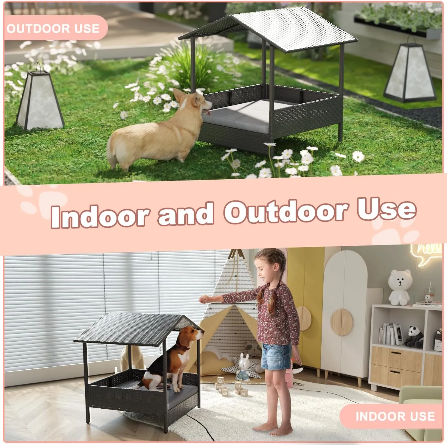 LEMBERI PE Rattan Dog House with Canopy, Outdoor Indoor Dog House Bed for Small/Medium Dogs with Removable Cushion, Washable Cover, Dog Shelter for Patio, Deck, Yard, Pool, Black