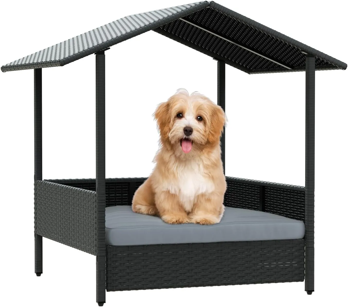 LEMBERI PE Rattan Dog House with Canopy, Outdoor Indoor Dog House Bed for Small/Medium Dogs with Removable Cushion, Washable Cover, Dog Shelter for Patio, Deck, Yard, Pool, Black