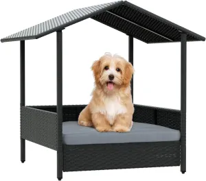 LEMBERI PE Rattan Dog House with Canopy, Outdoor Indoor Dog House Bed for Small/Medium Dogs with Removable Cushion, Washable Cover, Dog Shelter for Patio, Deck, Yard, Pool, Black