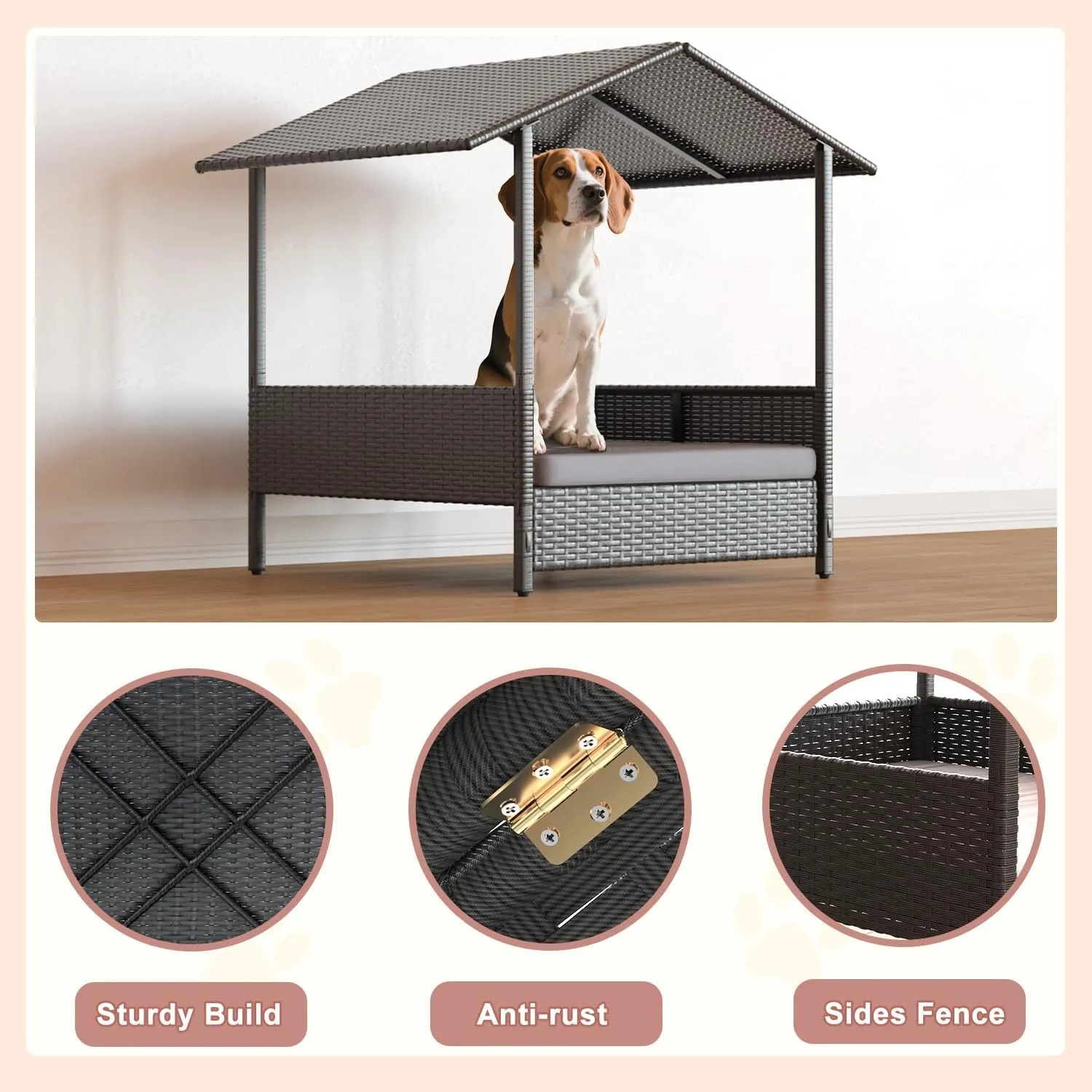 LEMBERI PE Rattan Dog House with Canopy, Outdoor Indoor Dog House Bed for Small/Medium Dogs with Removable Cushion, Washable Cover, Dog Shelter for Patio, Deck, Yard, Pool, Black