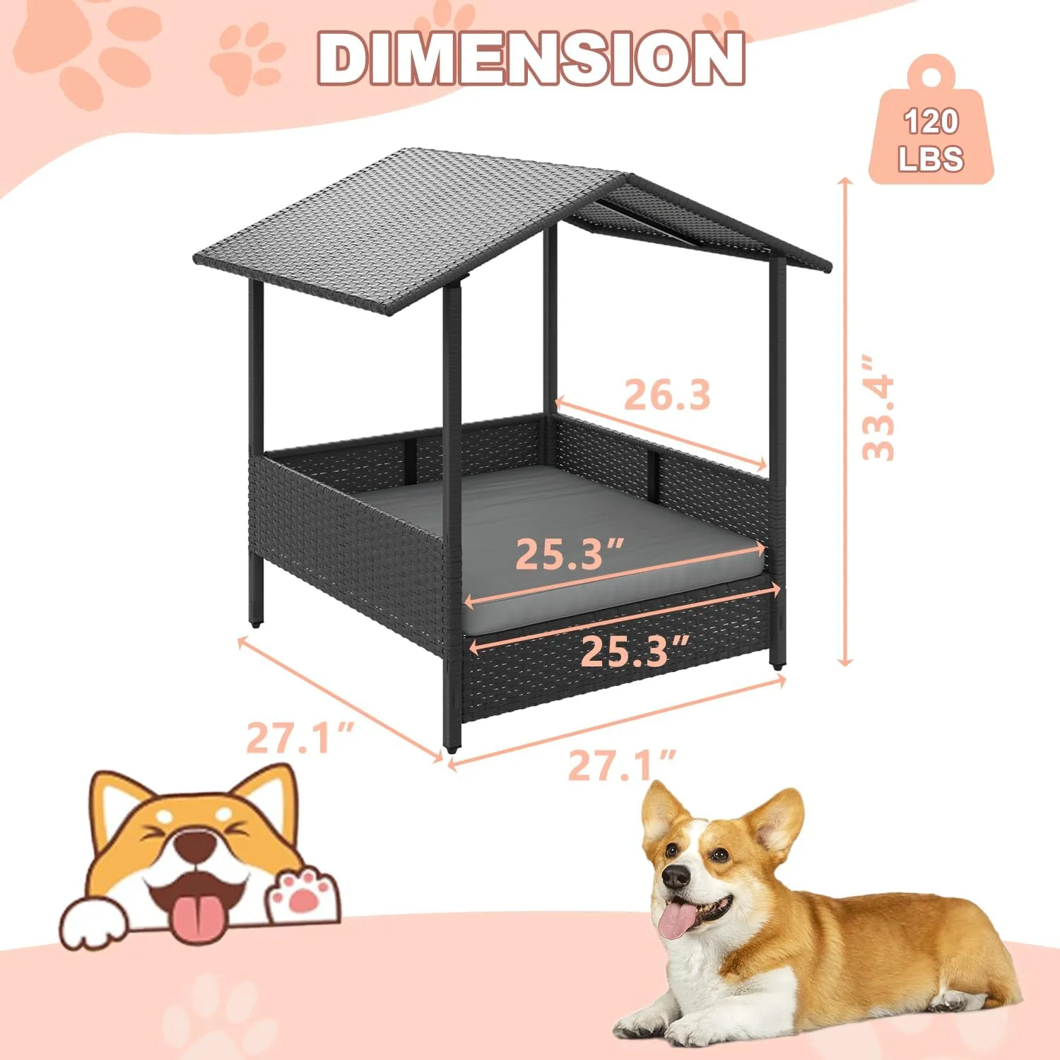 LEMBERI PE Rattan Dog House with Canopy, Outdoor Indoor Dog House Bed for Small/Medium Dogs with Removable Cushion, Washable Cover, Dog Shelter for Patio, Deck, Yard, Pool, Black