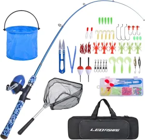 LEOFISHING Kids Fishing Pole Set with Full Starter Kits Portable Telescopic Fishing Rod and Spincast Reel with a Fishing Net and Bucket for Boys Girls and Youth