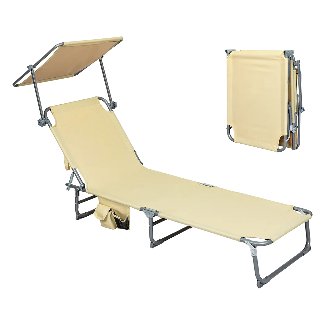Levede Foldable Lounge Chairs with Canopy Khaki-QLD_Metro