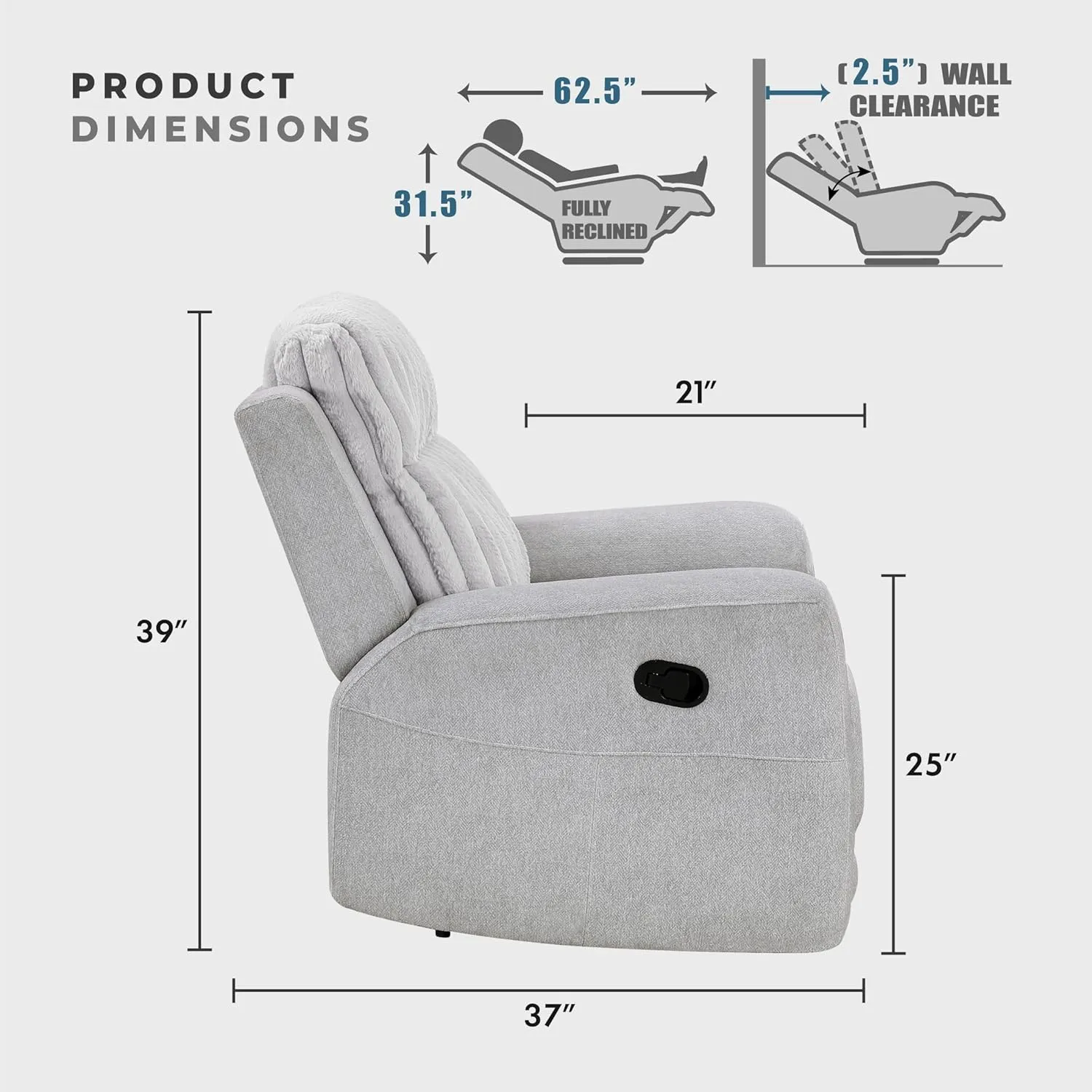Lexicon Modern Recliner Chair for Living Room, Manual Wall Hugger Textured Microfiber Reclining Chair, Plush Corduroy Channel Seat Back, Manual Recliner, Light Gray​