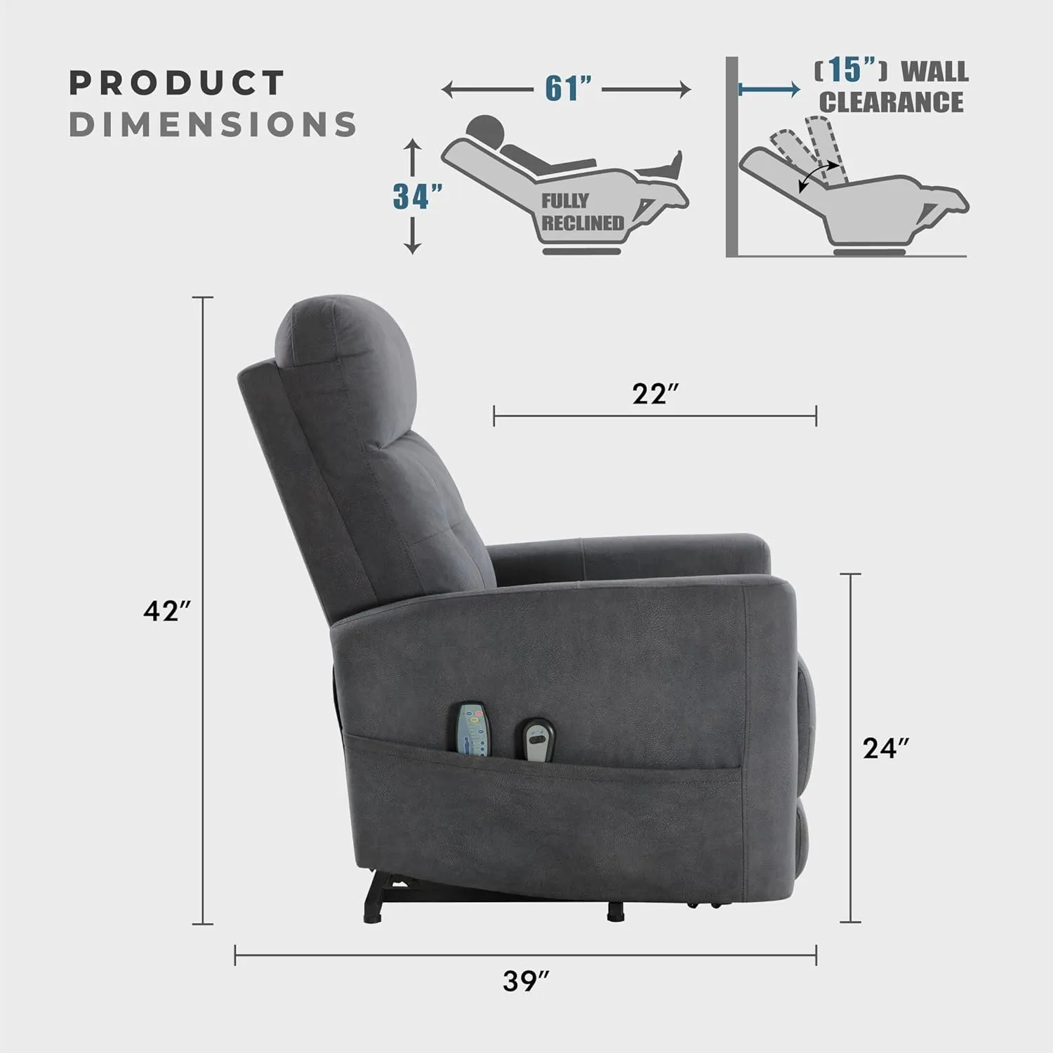 Lexicon Power Lift Recliner with Heat and Massage for Adults Elderly Ergonomic, Textured Microfiber Tufted Lounge Chair Classic Single Sofa Recliner with Side Pockets, Home Theater Seating, Dark Gray