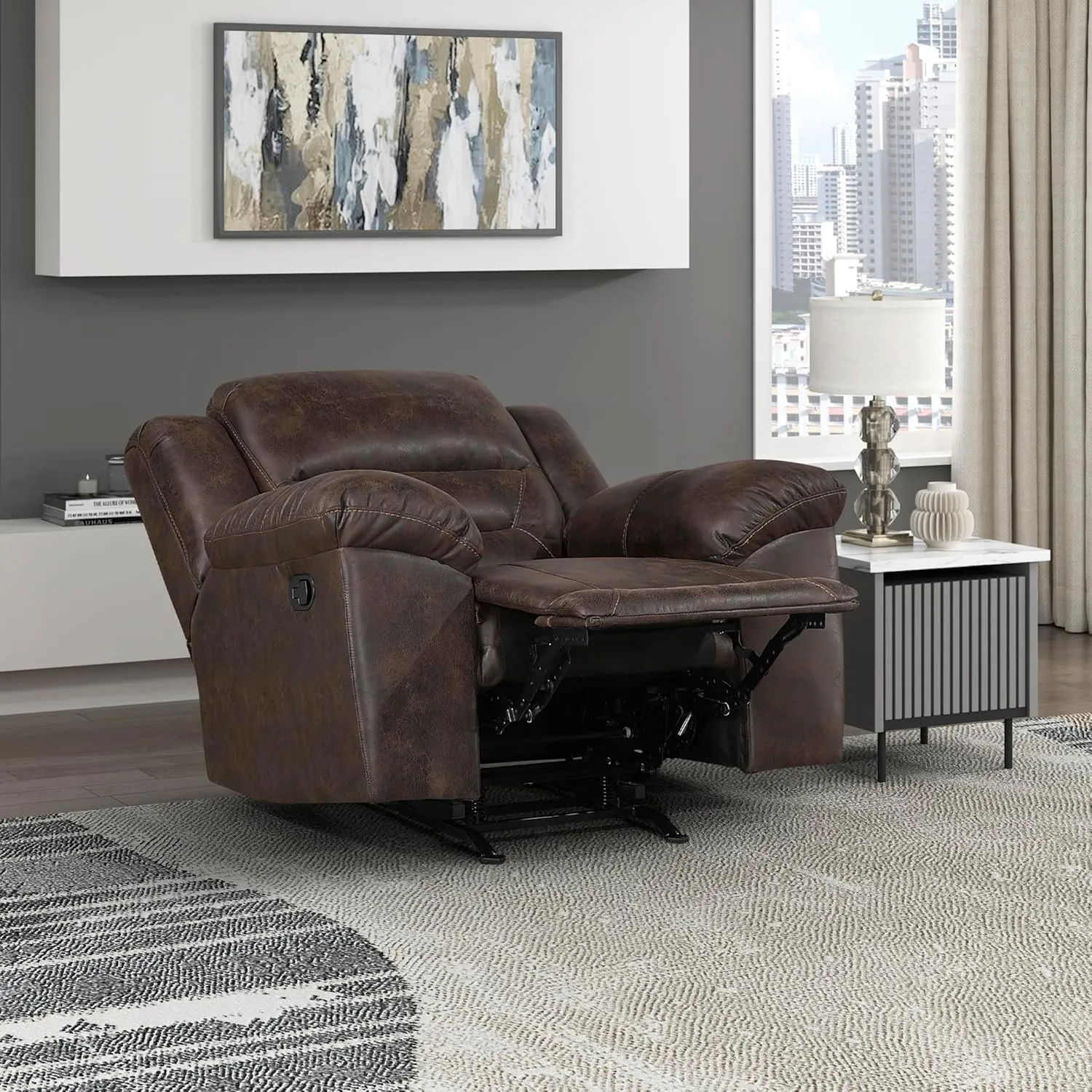 Lexicon Rocker Recliner Chair for Living Room, Wall Hugger Manual Recliner Chairs, Textured Microfiber Upholstered Rocking Reclining Chair, Home Theater Seating, Required Assembly, Dark Brown