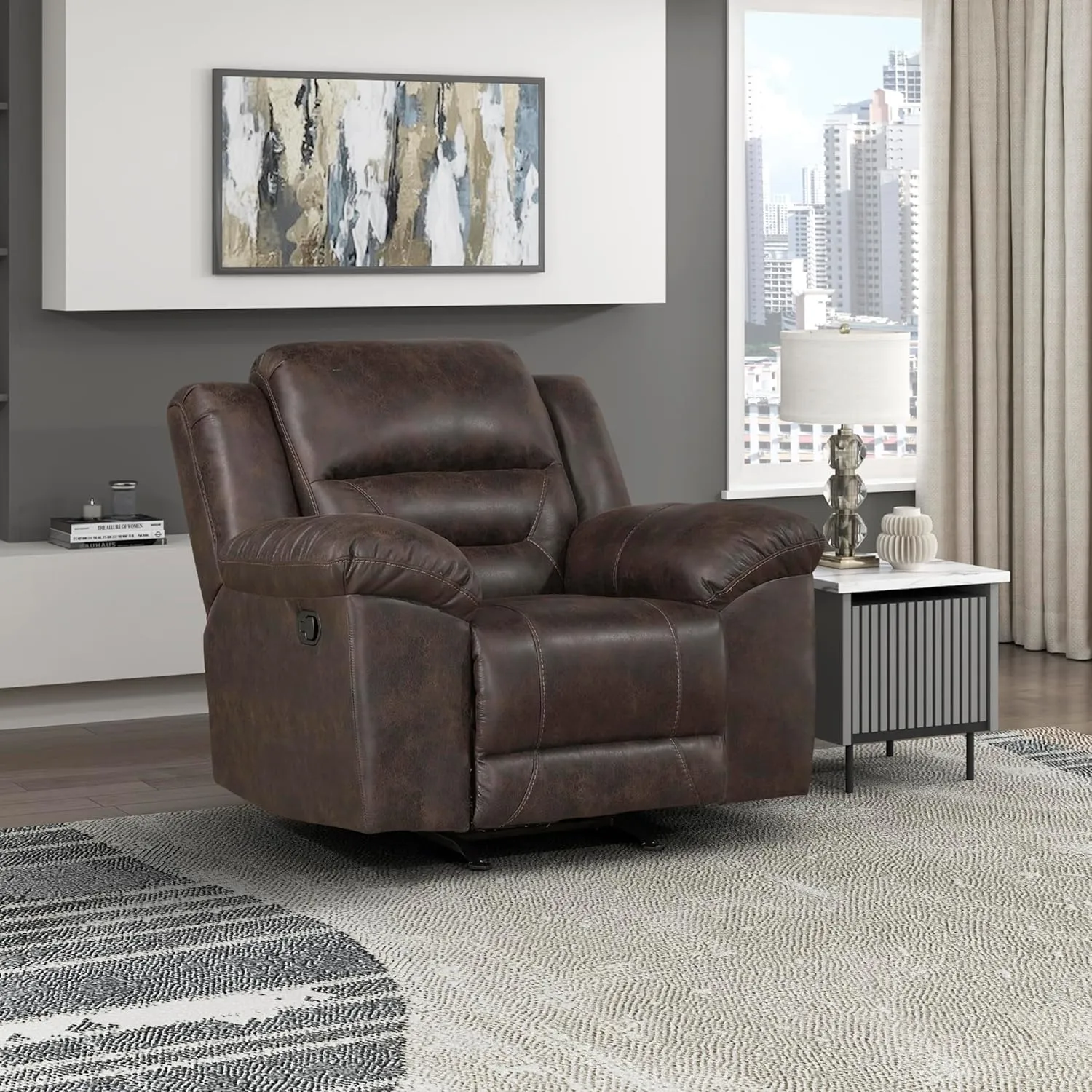 Lexicon Rocker Recliner Chair for Living Room, Wall Hugger Manual Recliner Chairs, Textured Microfiber Upholstered Rocking Reclining Chair, Home Theater Seating, Required Assembly, Dark Brown