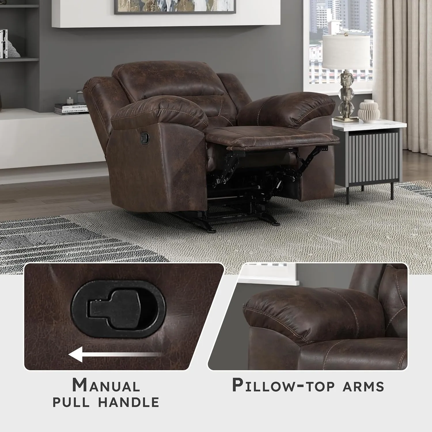 Lexicon Rocker Recliner Chair for Living Room, Wall Hugger Manual Recliner Chairs, Textured Microfiber Upholstered Rocking Reclining Chair, Home Theater Seating, Required Assembly, Dark Brown