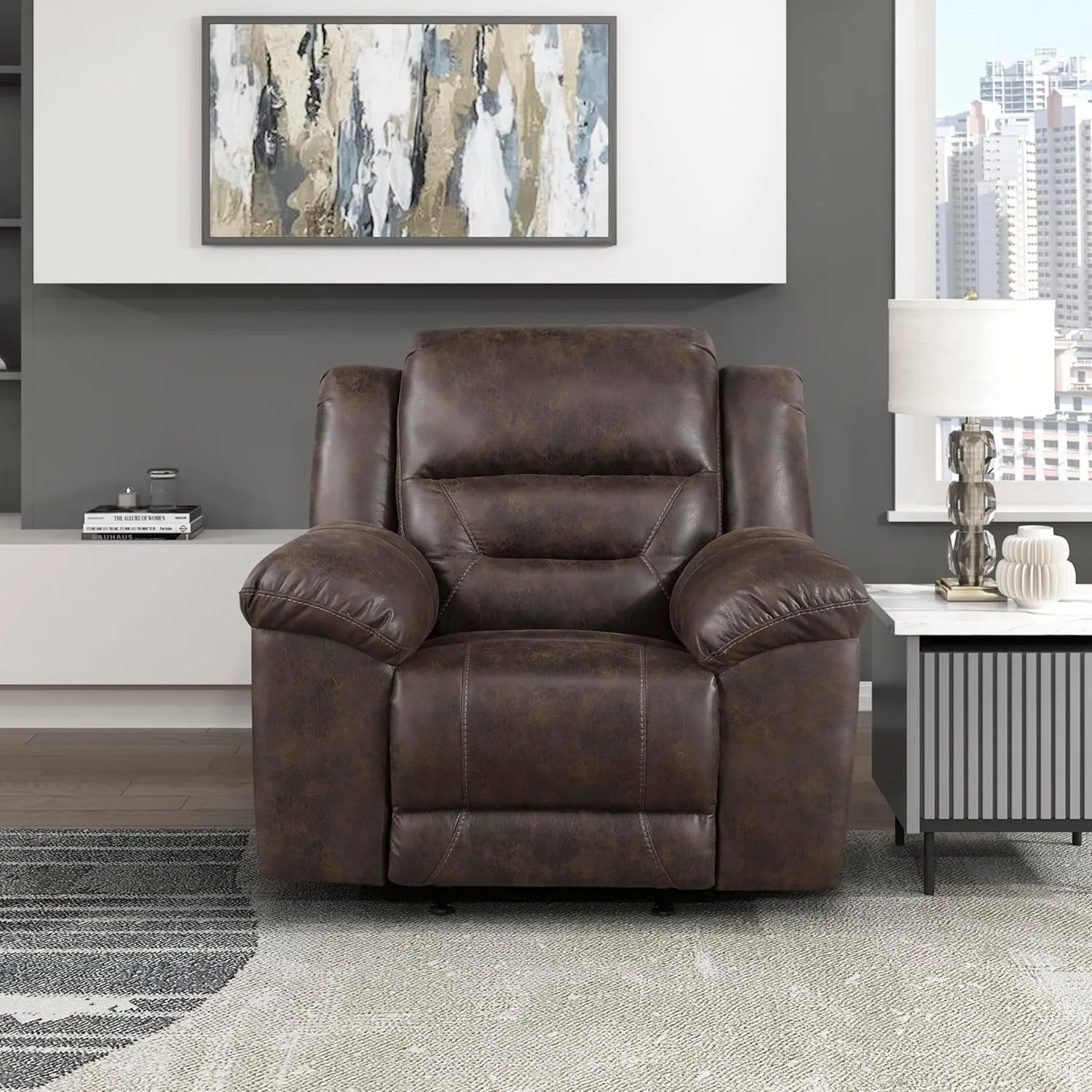Lexicon Rocker Recliner Chair for Living Room, Wall Hugger Manual Recliner Chairs, Textured Microfiber Upholstered Rocking Reclining Chair, Home Theater Seating, Required Assembly, Dark Brown