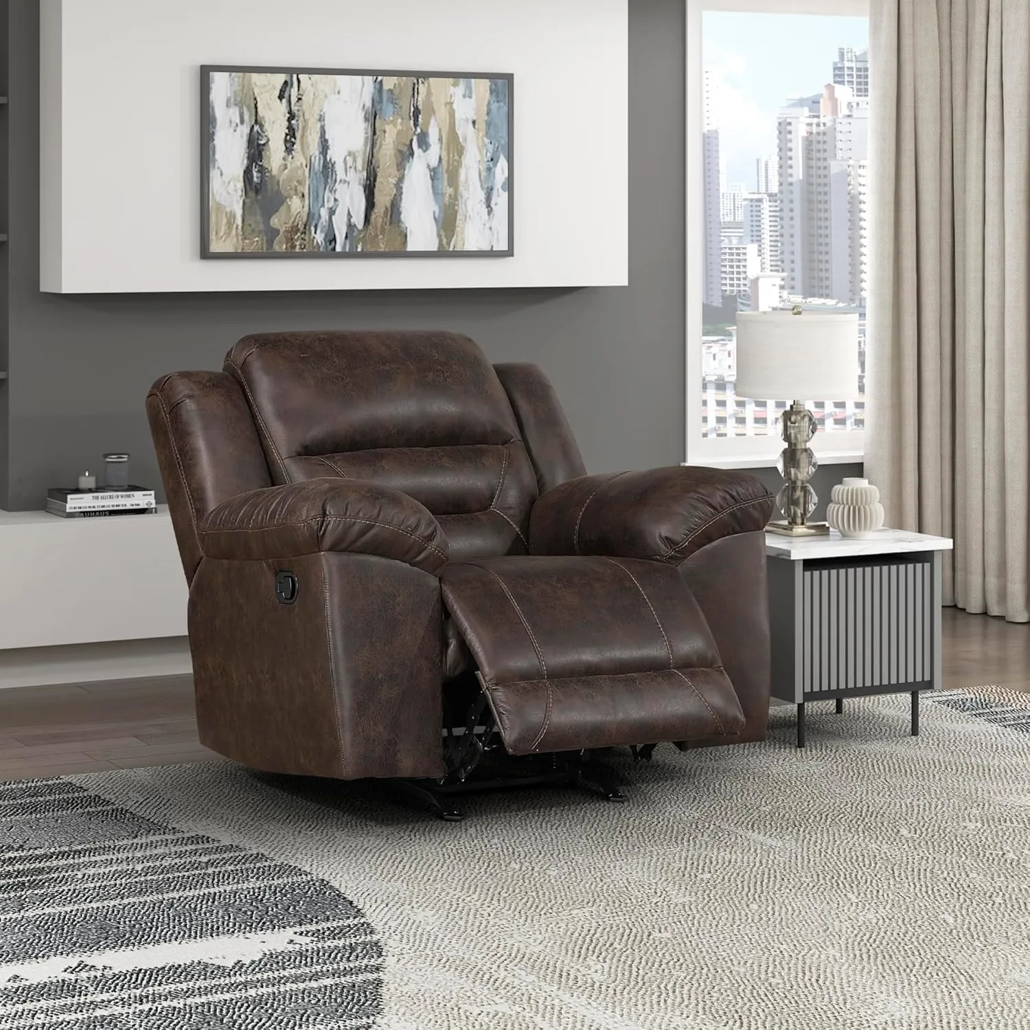 Lexicon Rocker Recliner Chair for Living Room, Wall Hugger Manual Recliner Chairs, Textured Microfiber Upholstered Rocking Reclining Chair, Home Theater Seating, Required Assembly, Dark Brown