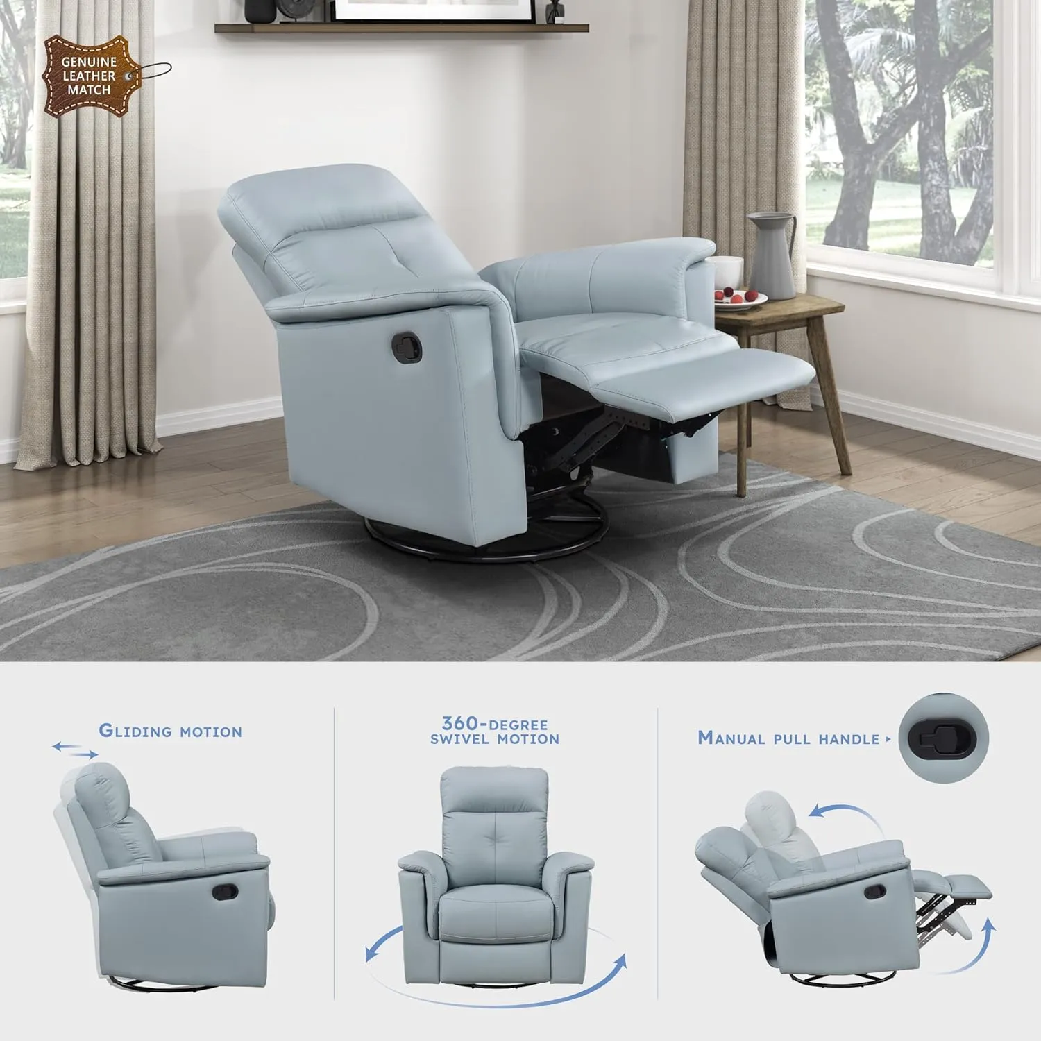 Lexicon Swivel Glider Recliner Chair, Comfy Nursery Glider, Top Grain Leather Match Recliner, Manual Reclining Chair for Living Room/Office/Apartment, Blue