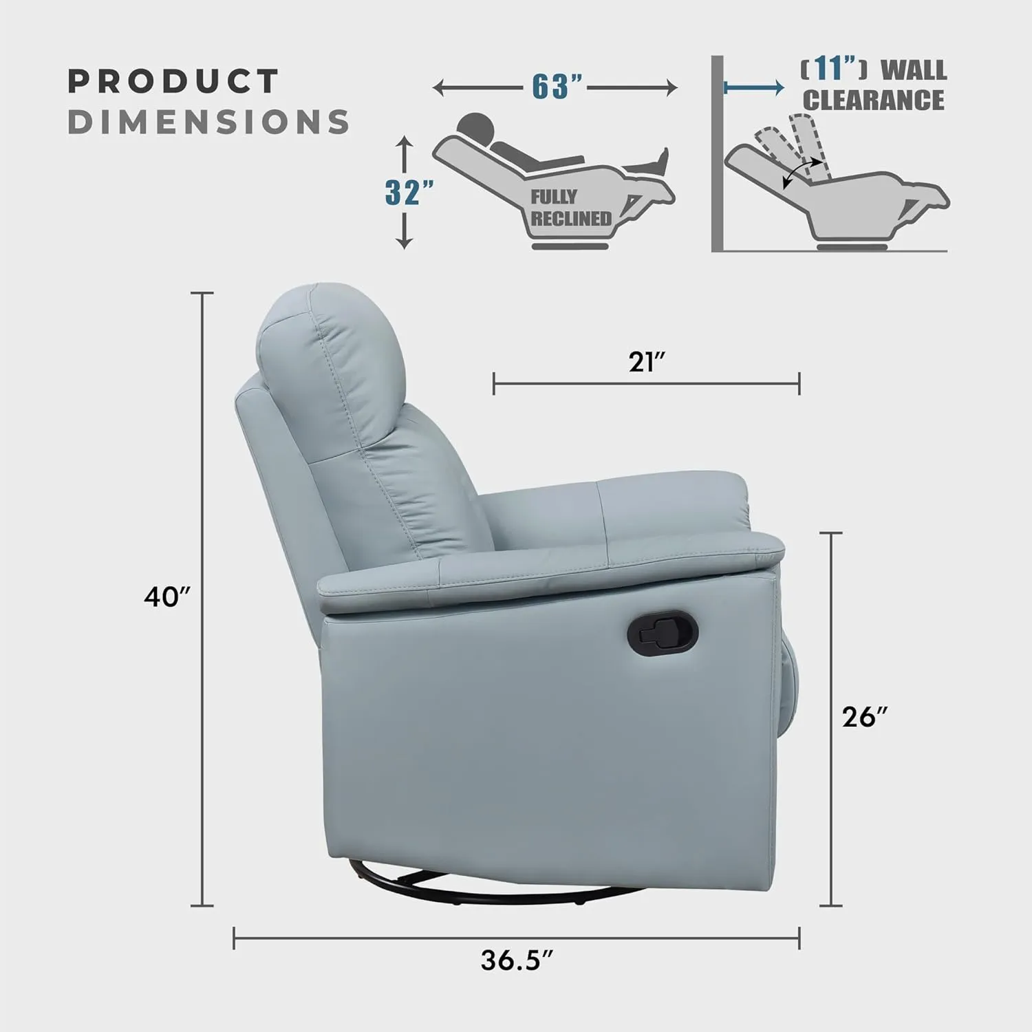 Lexicon Swivel Glider Recliner Chair, Comfy Nursery Glider, Top Grain Leather Match Recliner, Manual Reclining Chair for Living Room/Office/Apartment, Blue