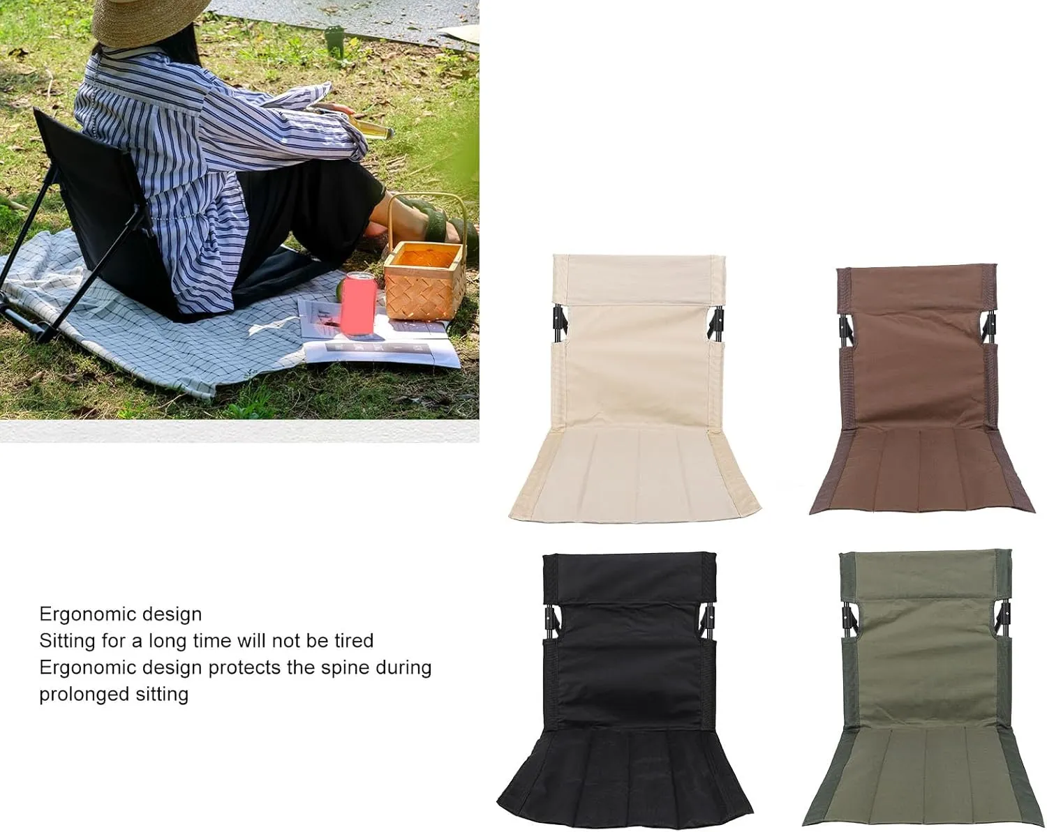 Lightweight, Comfortable Camping Folding Chair with Backrest for Outdoor, Fishing, Lounging on The Beach, Ideal Portable Lazy Floor Chair with Back Support (Khaki)