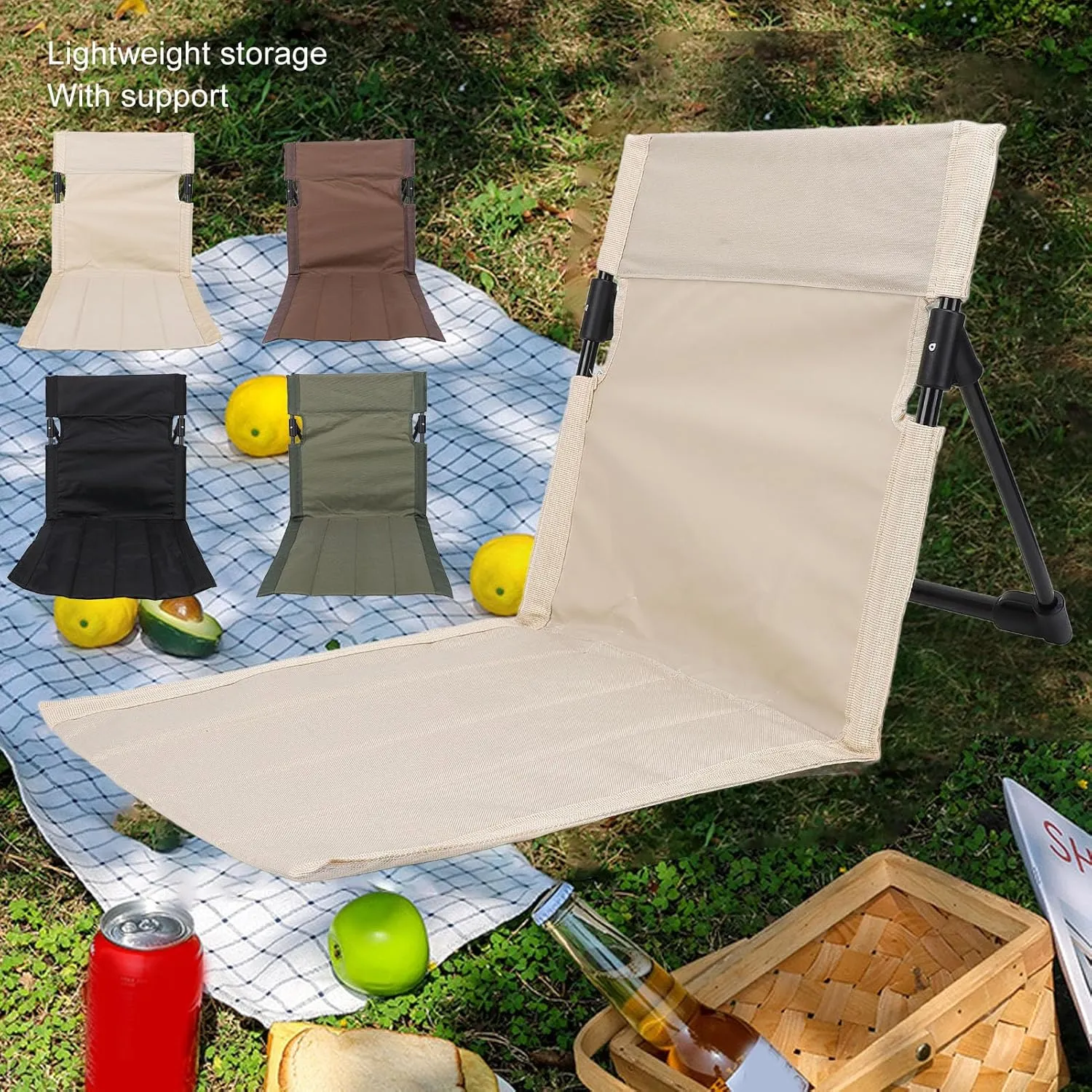 Lightweight, Comfortable Camping Folding Chair with Backrest for Outdoor, Fishing, Lounging on The Beach, Ideal Portable Lazy Floor Chair with Back Support (Khaki)
