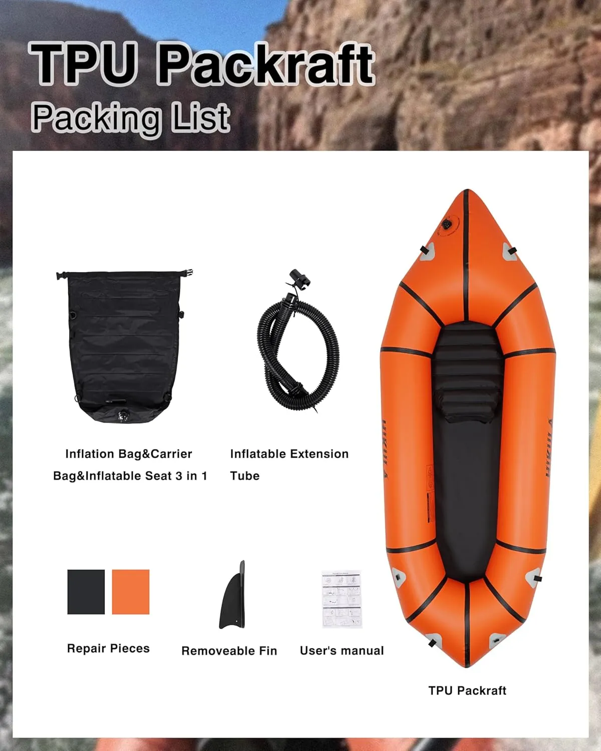 Lightweight Packraft TPU - Inflatable Kayak for Adults & Kids, Durable, Compact, Rapid Inflate, for Flat Water Rafting, Bicycle Drifting, Litewater Dinghy