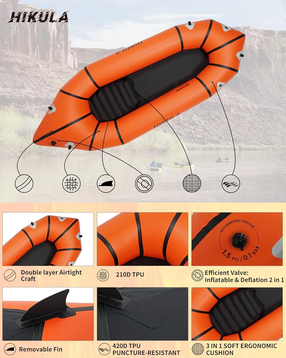 Lightweight Packraft TPU - Inflatable Kayak for Adults & Kids, Durable, Compact, Rapid Inflate, for Flat Water Rafting, Bicycle Drifting, Litewater Dinghy