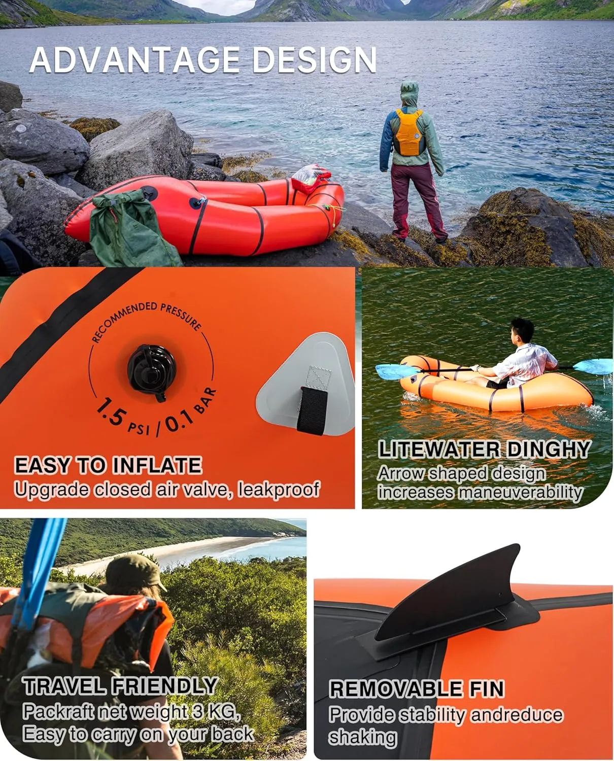 Lightweight Packraft TPU - Inflatable Kayak for Adults & Kids, Durable, Compact, Rapid Inflate, for Flat Water Rafting, Bicycle Drifting, Litewater Dinghy