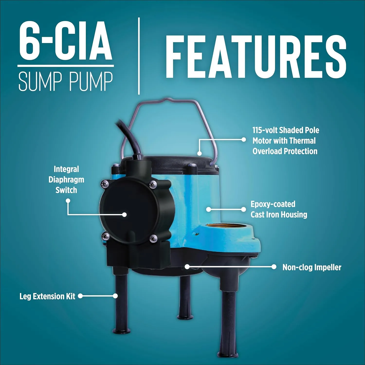 Little Giant 6-CIA 115 Volt, 1/3 HP 2760 GPH Cast Iron Submersible Sump Pump with Extended Leg Kit and Integral Diaphragm Switch, 10-Ft. Cord, Blue, 506162