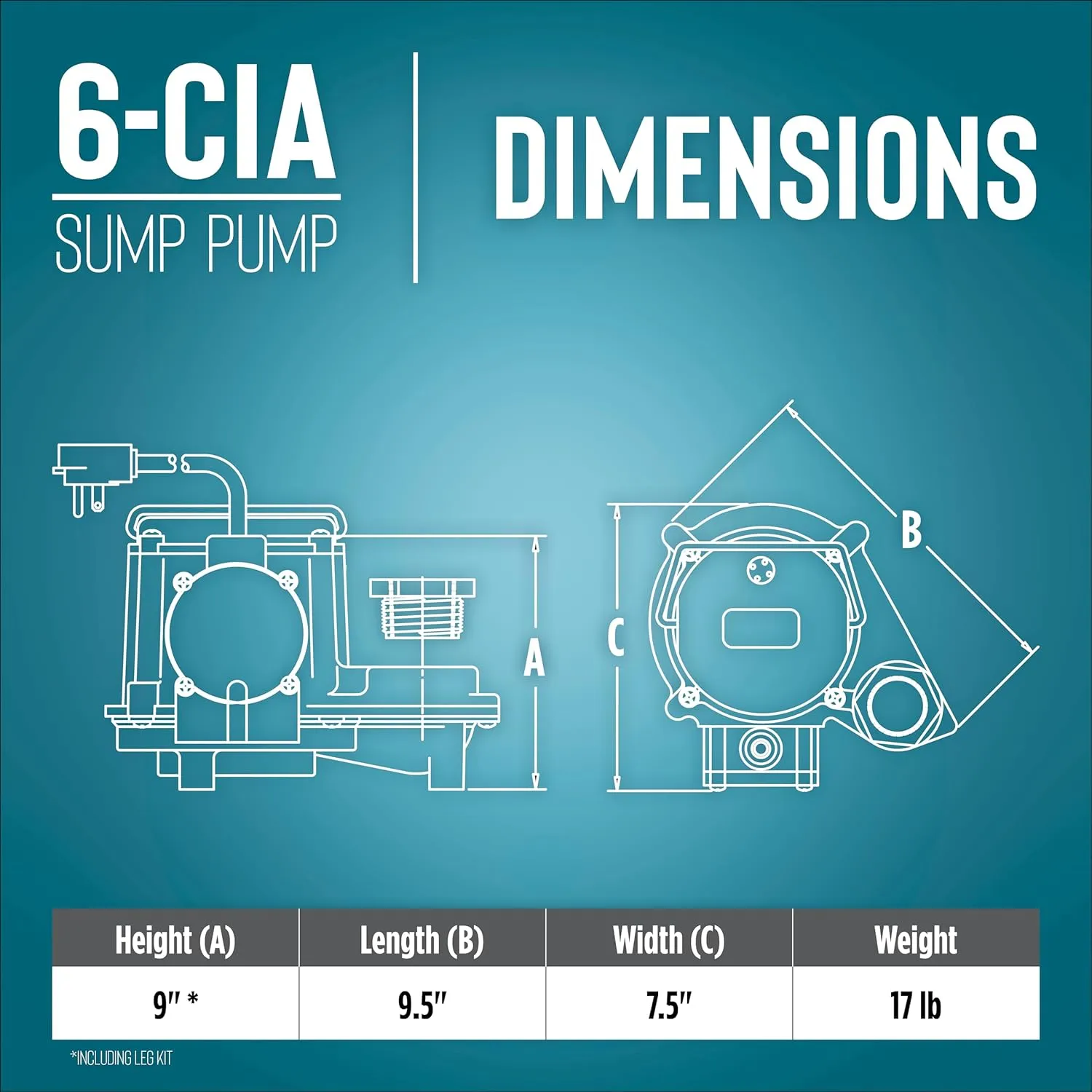 Little Giant 6-CIA 115 Volt, 1/3 HP 2760 GPH Cast Iron Submersible Sump Pump with Extended Leg Kit and Integral Diaphragm Switch, 10-Ft. Cord, Blue, 506162