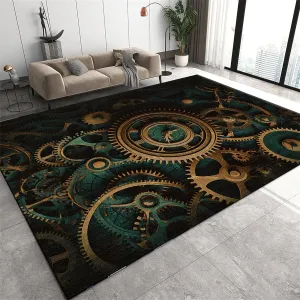 Living Room Area Rug Steampunk Gear Print - Luxury Soft Non-Slip Floor Mat for Bedroom, Dining Room, Tool Shop, Office - Washable Black Mechanical Enthusiast Rug 6x9ft