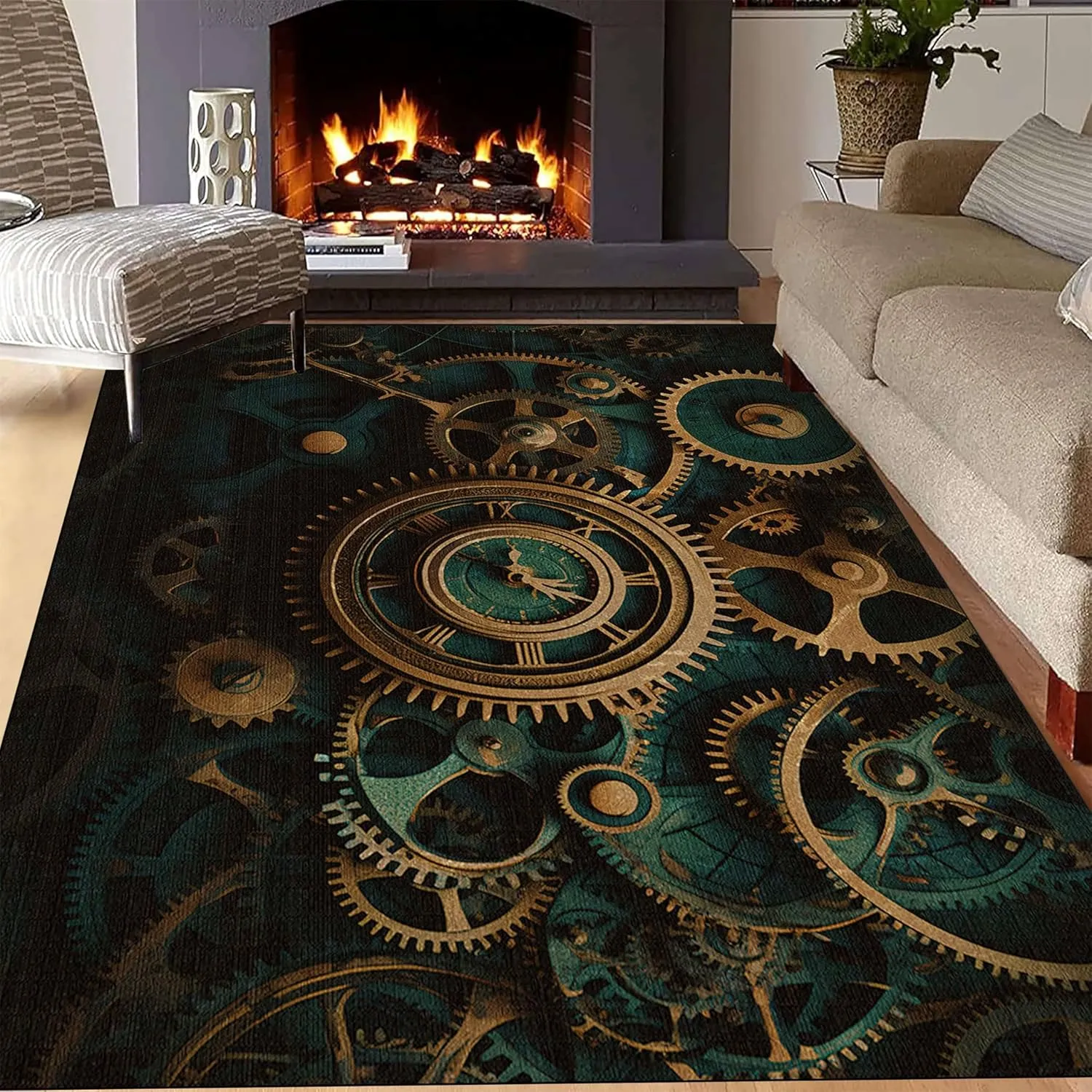 Living Room Area Rug Steampunk Gear Print - Luxury Soft Non-Slip Floor Mat for Bedroom, Dining Room, Tool Shop, Office - Washable Black Mechanical Enthusiast Rug 6x9ft