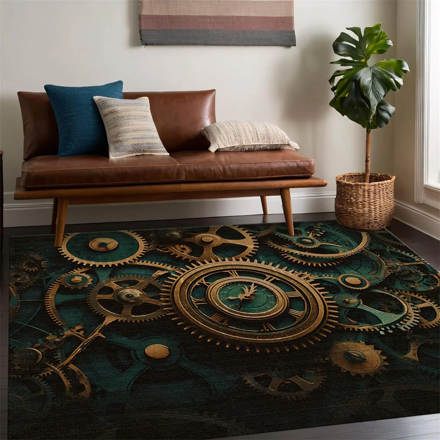 Living Room Area Rug Steampunk Gear Print - Luxury Soft Non-Slip Floor Mat for Bedroom, Dining Room, Tool Shop, Office - Washable Black Mechanical Enthusiast Rug 6x9ft