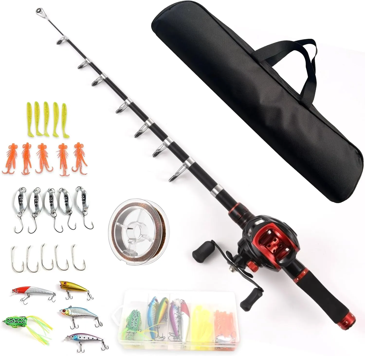 Lixada Fishing Rod and Reel Combo with Fishing Lures for Adult, 6.89ft/2.1m Telescopic Fishing Rod with Baitcasting Reel 18 1BB Right/Left Hand Portable Fishing Kits Complete for Fishing Trip