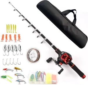 Lixada Fishing Rod and Reel Combo with Fishing Lures for Adult, 6.89ft/2.1m Telescopic Fishing Rod with Baitcasting Reel 18 1BB Right/Left Hand Portable Fishing Kits Complete for Fishing Trip