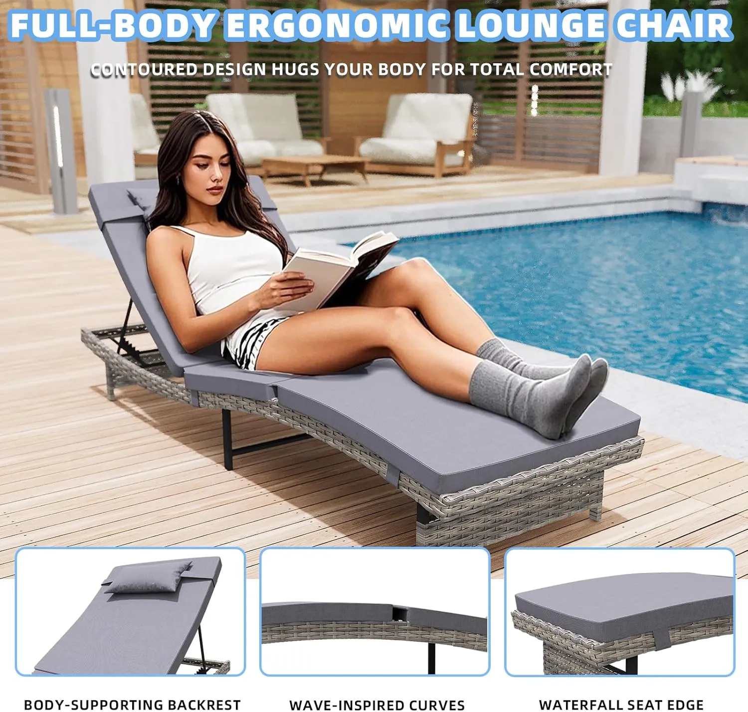 Long Reclining Chair Lounge Set (Set of 3), Modern Outdoor Patio Furniture with Adjustable Backrest & Side Table, Durable PE Wicker, Weather-Resistant Cushions, Grey