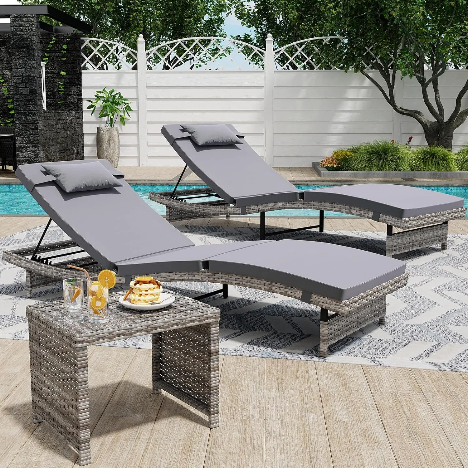 Long Reclining Chair Lounge Set (Set of 3), Modern Outdoor Patio Furniture with Adjustable Backrest & Side Table, Durable PE Wicker, Weather-Resistant Cushions, Grey